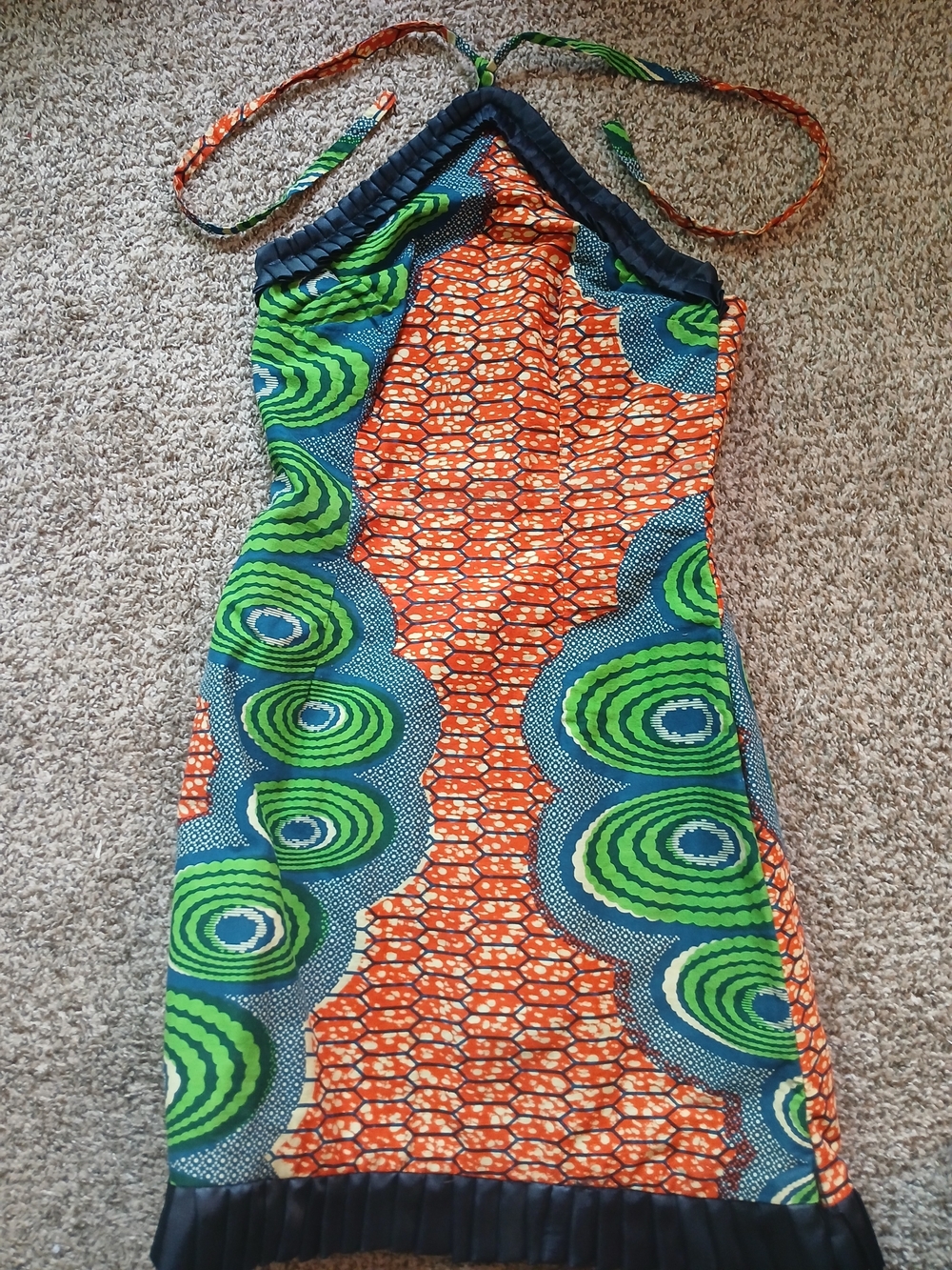 Women's GTP Waxprint Halter Dress in Green & Orange - Vibrant Pattern